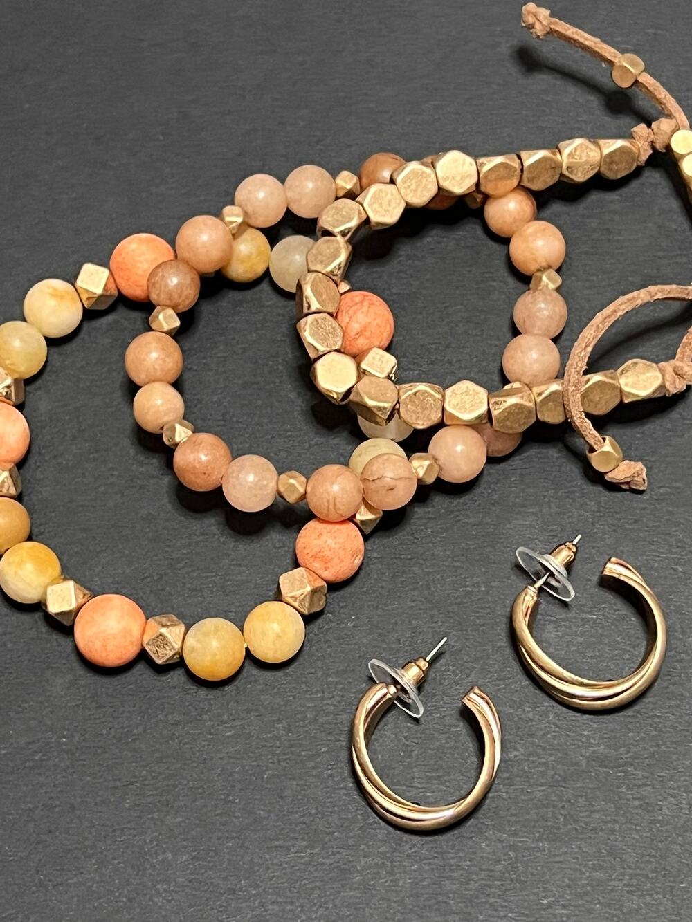 Aura Women's Trio Bracelets Natural Stones & Goldtone Hoop Earrings NWT